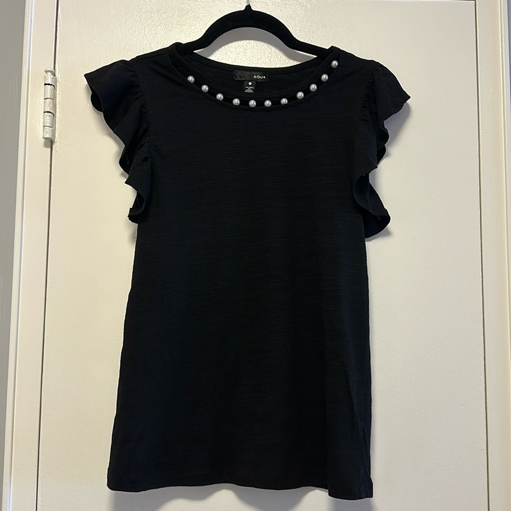Aqua Black Pearl-Trim Flutter Sleeve Top